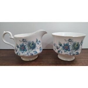 Vintage Queen Anne Bone China Sugar Creamer Pitcher Blue Roses Pattern S9
